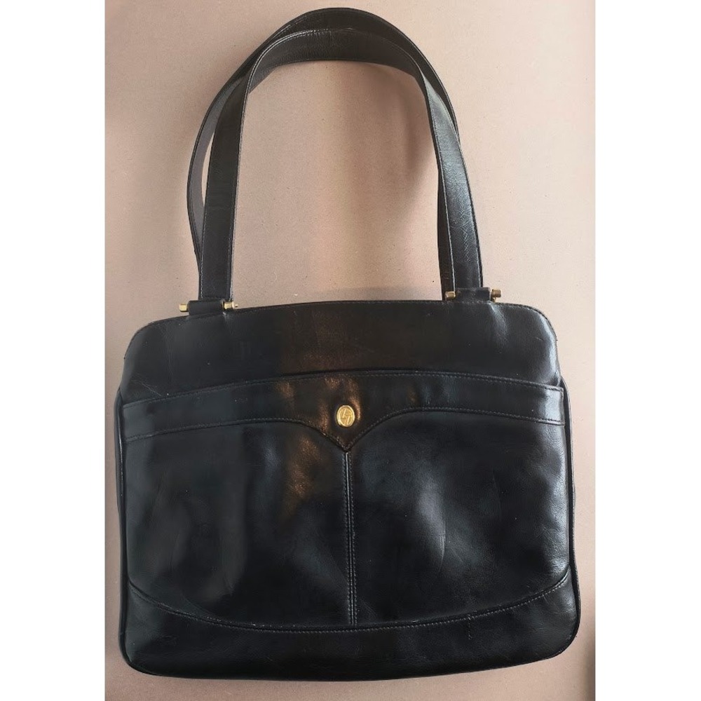Lou Taylor Vintage Black Leather Shoulder‎ Bag Gold Logo Coin Purse Mirror